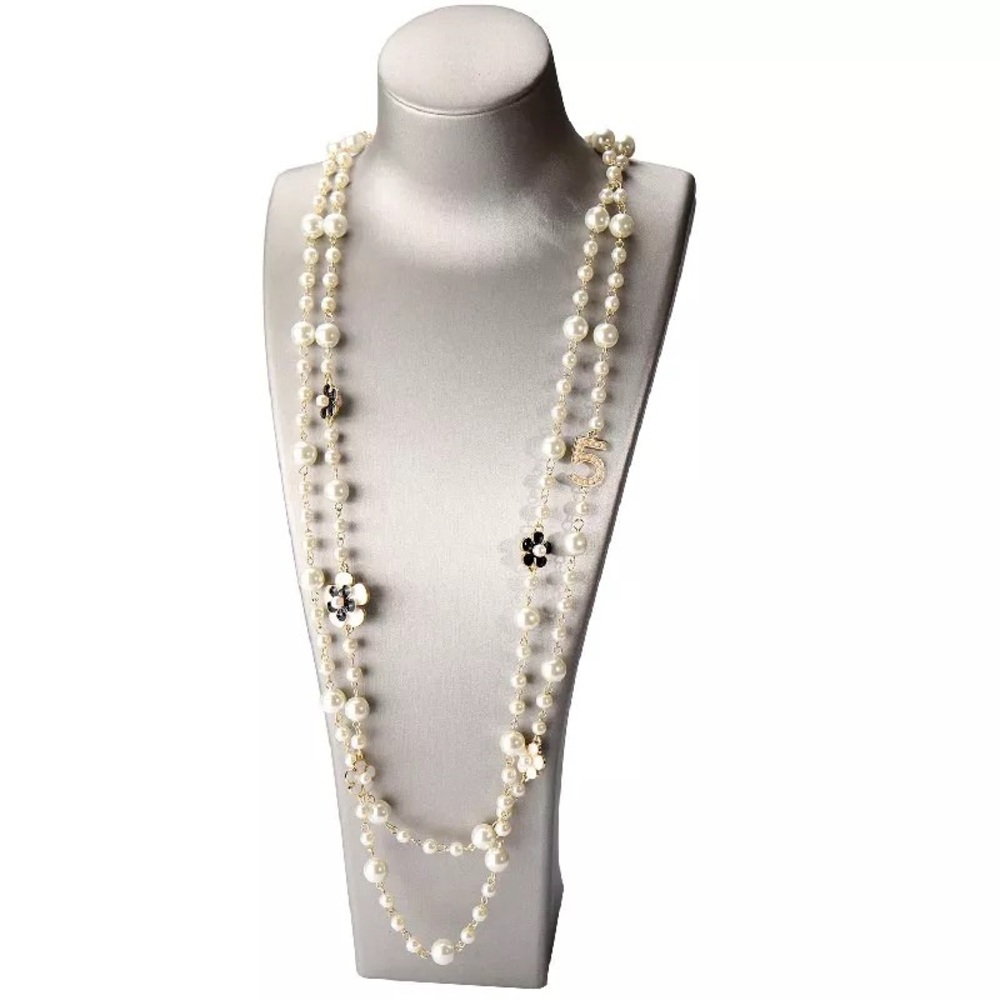 New Pearl Camellia Number5 Flower Double Long Necklace - Picture 12 of 17